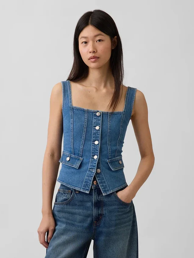 Top a corsetto con tasche in denim