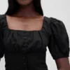 Top a corsetto corto con maniche a sbuffo in misto lino