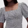 Top a corsetto corto con maniche a sbuffo in misto lino