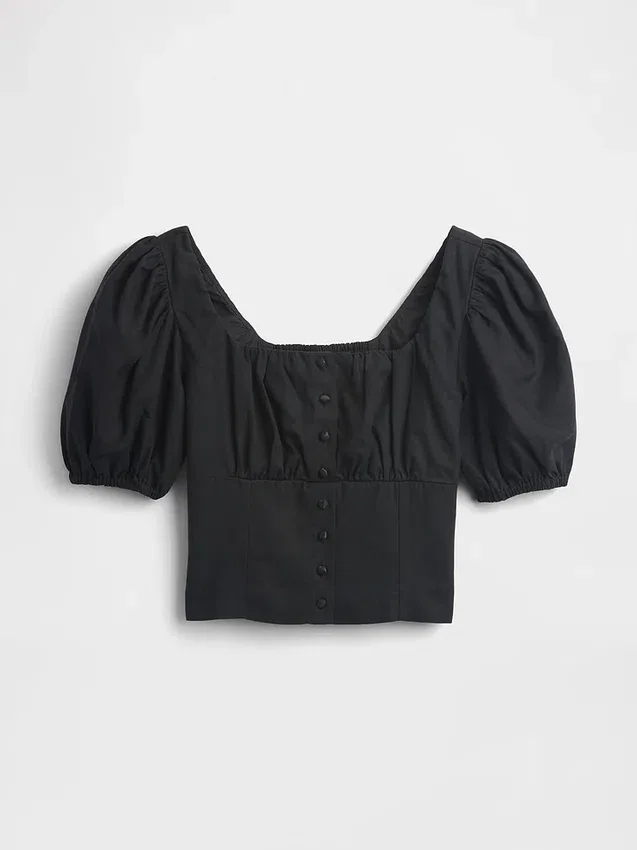 Top a corsetto corto con maniche a sbuffo in misto lino