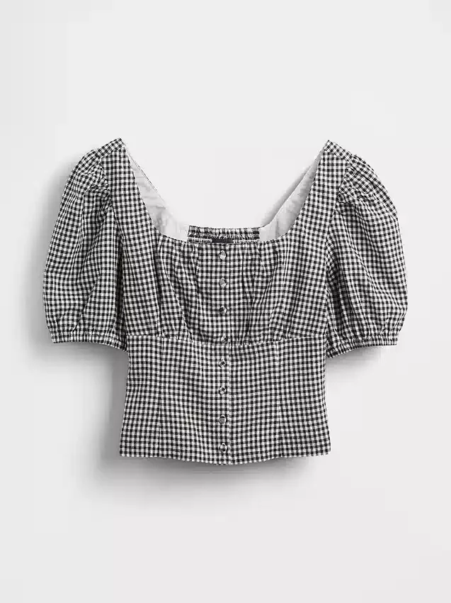 Top a corsetto corto con maniche a sbuffo in misto lino
