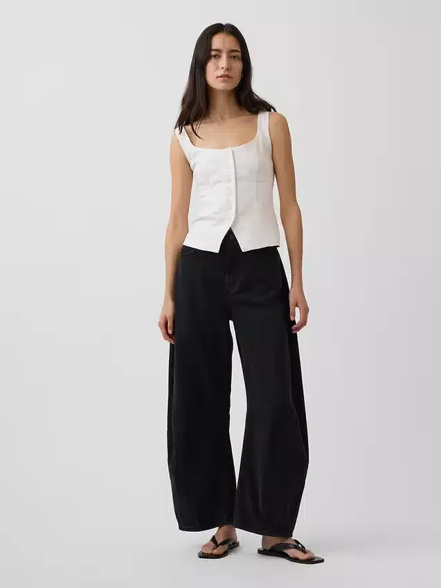 Top a gilet con effetto corsetto in misto lino