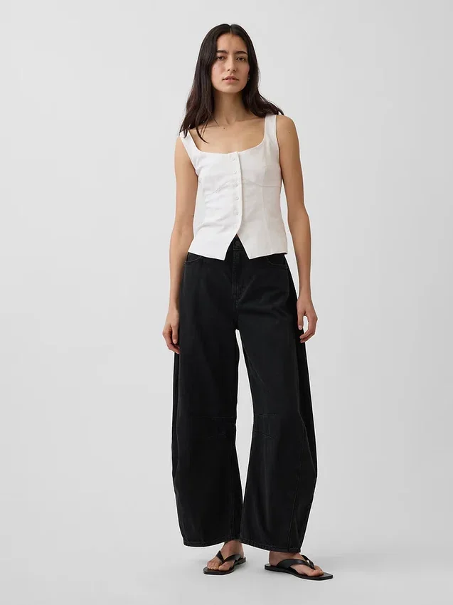 Top a gilet con effetto corsetto in misto lino