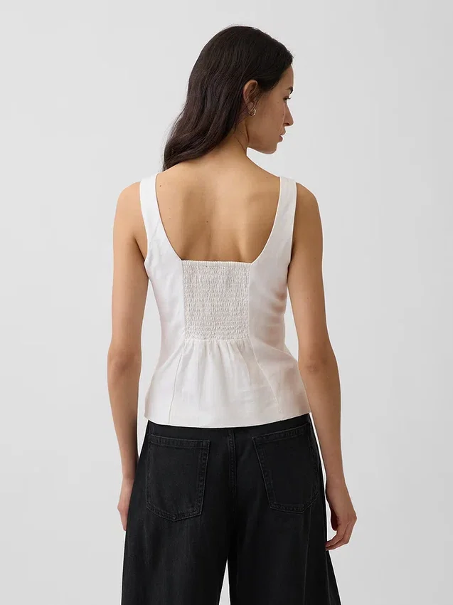 Top a gilet con effetto corsetto in misto lino