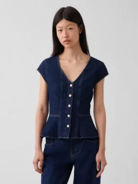 Top aderente in denim con maniche ad aletta e peplo