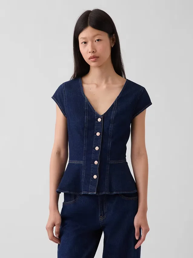 Top aderente in denim con maniche ad aletta e peplo
