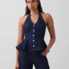 Top aderente in denim con scollo all’americana e peplo