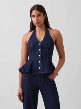 Top aderente in denim con scollo all’americana e peplo