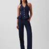 Top aderente in denim con scollo all’americana e peplo