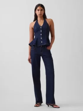Top aderente in denim con scollo all’americana e peplo