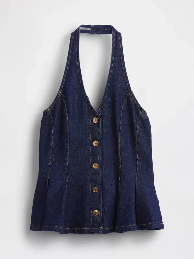 Top aderente in denim con scollo all’americana e peplo