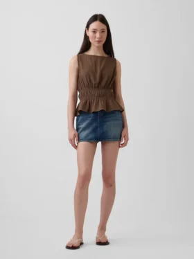 Top con peplo in garza di cotone con smock in vita
