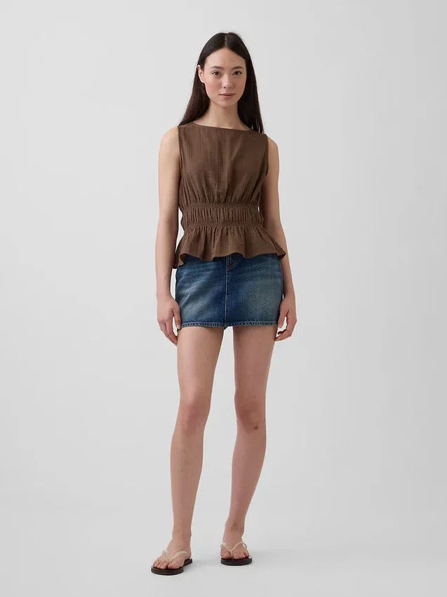 Top con peplo in garza di cotone con smock in vita