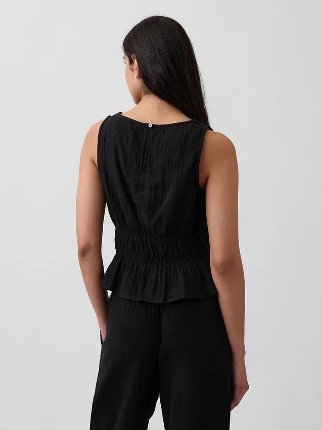 Top con peplo in garza di cotone con smock in vita