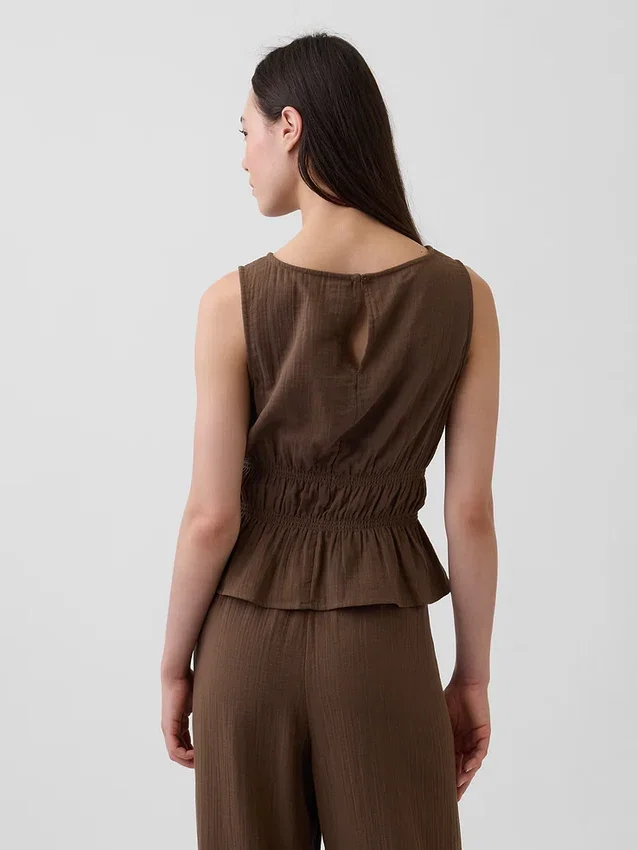 Top con peplo in garza di cotone con smock in vita