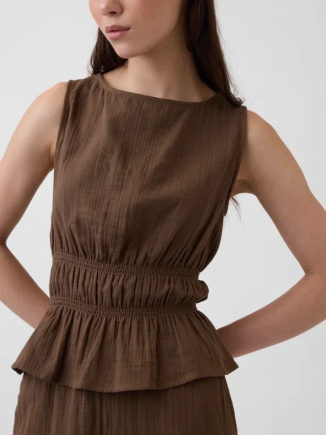 Top con peplo in garza di cotone con smock in vita