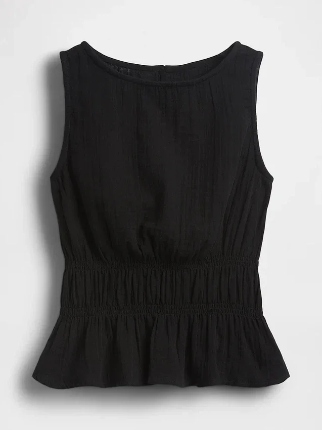 Top con peplo in garza di cotone con smock in vita