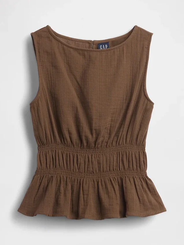 Top con peplo in garza di cotone con smock in vita