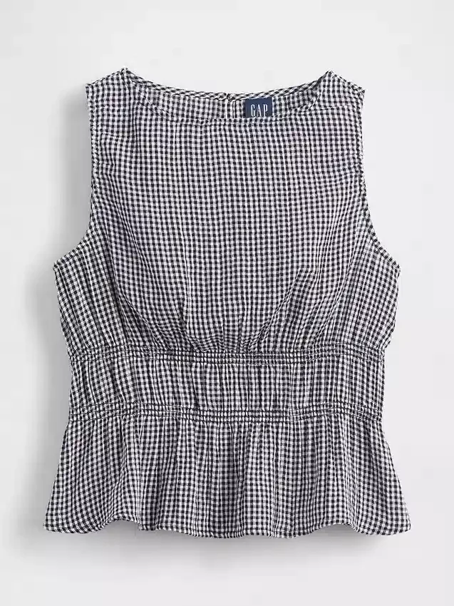 Top con peplo in garza di cotone con smock in vita