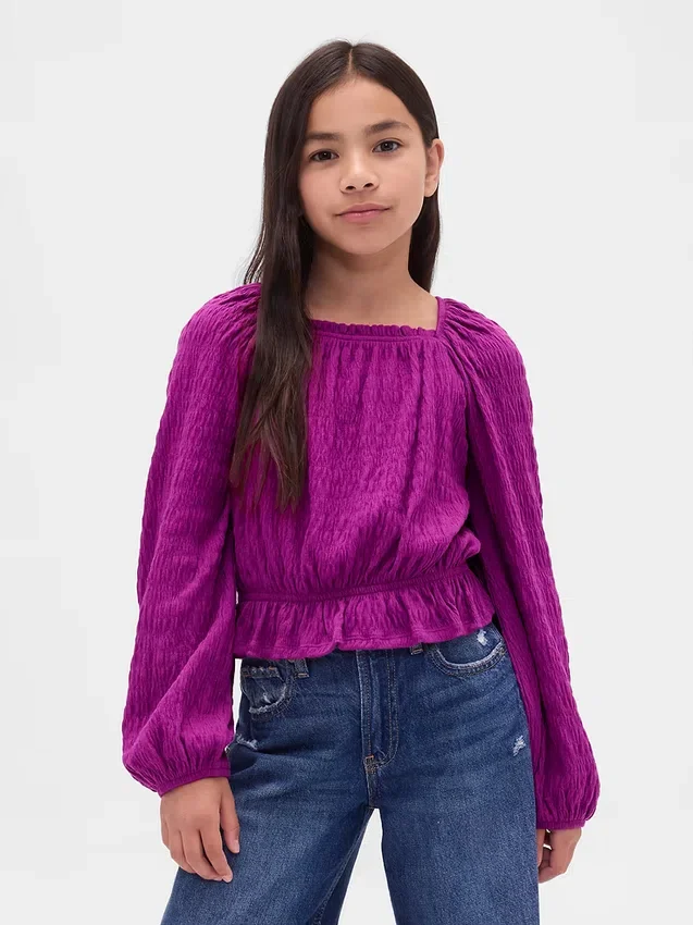 Top con peplo in maglia stropicciata per bambini