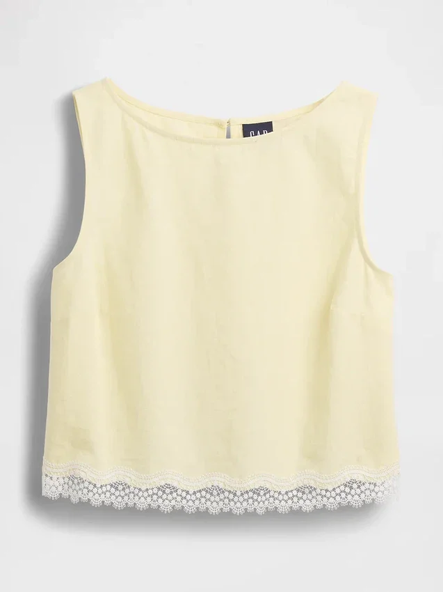 Top corto con orlo in pizzo in misto lino