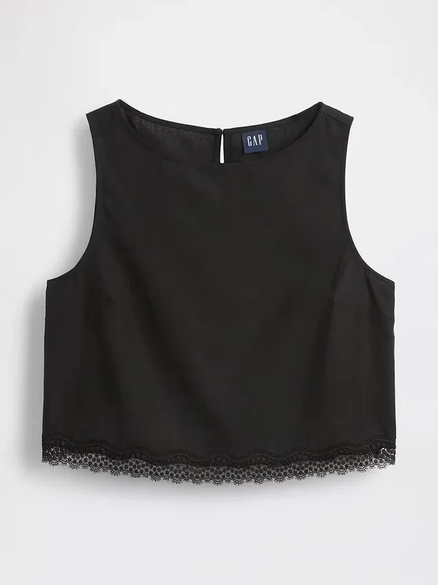 Top corto con orlo in pizzo in misto lino