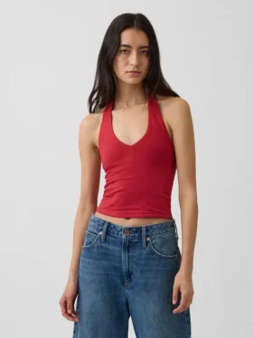 Top corto con scollo all’americana in maglia fitta
