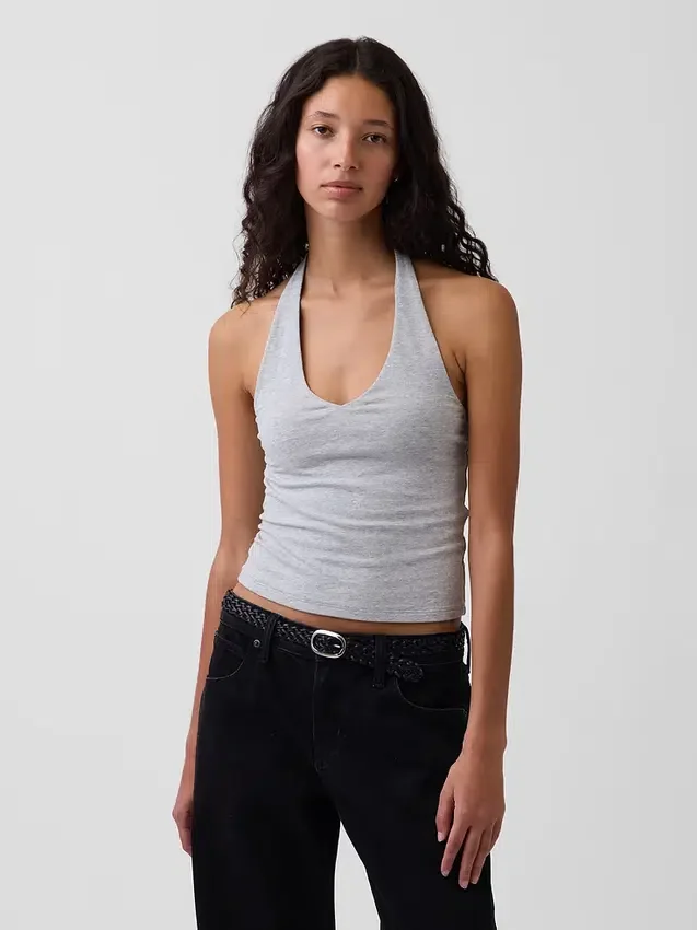 Top corto con scollo all’americana in maglia fitta