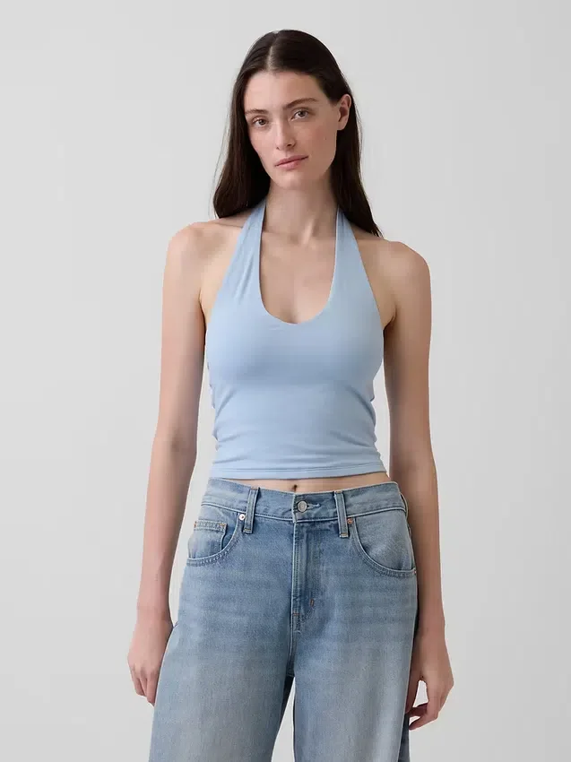 Top corto con scollo all’americana in maglia fitta