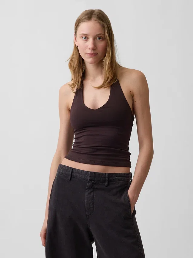 Top corto con scollo all’americana in maglia fitta