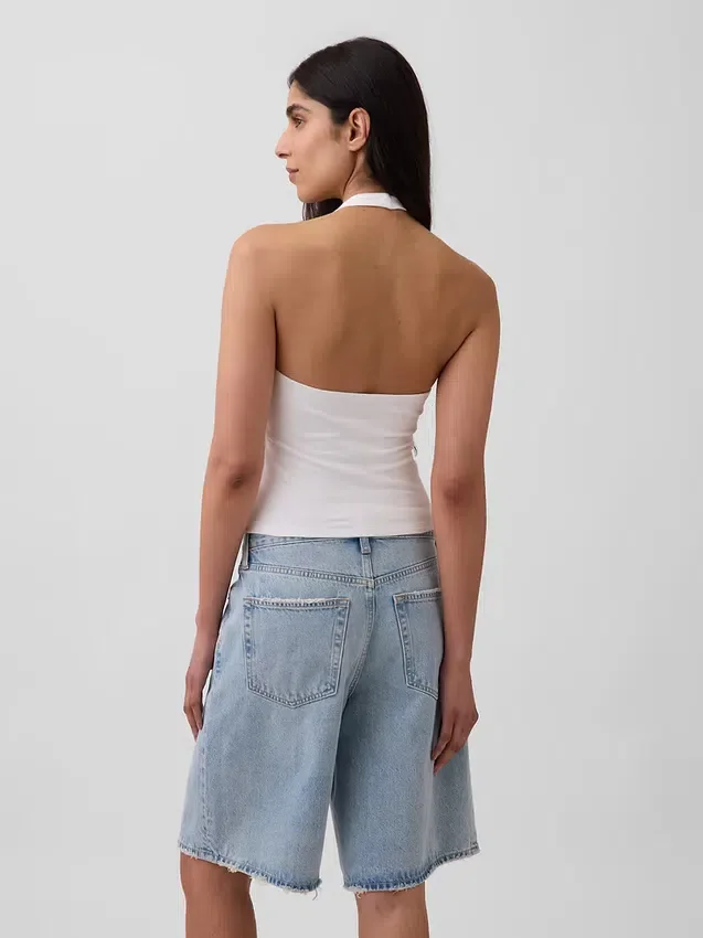 Top corto con scollo all’americana in maglia fitta