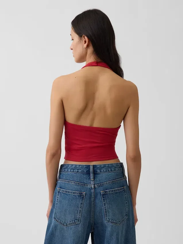 Top corto con scollo all’americana in maglia fitta