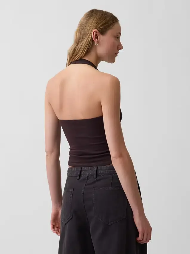 Top corto con scollo all’americana in maglia fitta