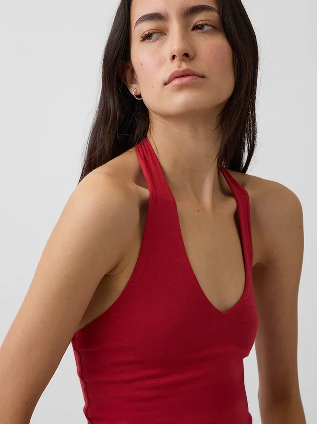 Top corto con scollo all’americana in maglia fitta