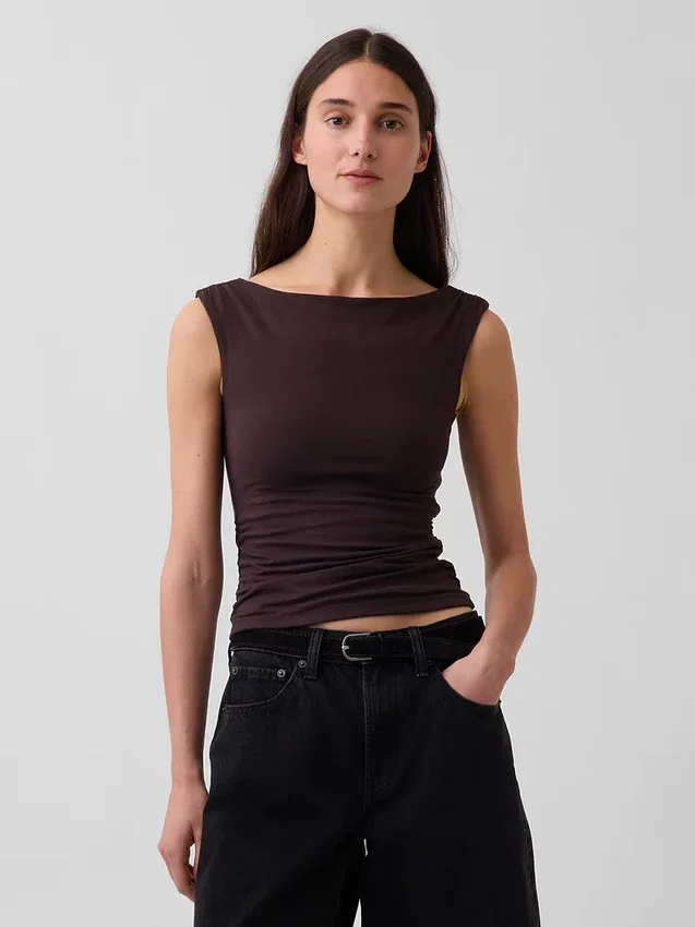 Top corto in jersey a maglia fitta con arricciature