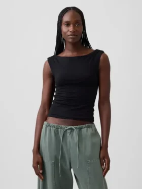 Top corto in jersey a maglia fitta con arricciature