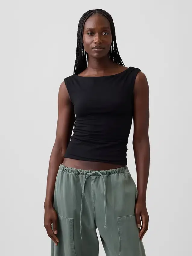 Top corto in jersey a maglia fitta con arricciature