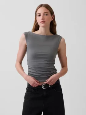 Top corto in jersey a maglia fitta con arricciature