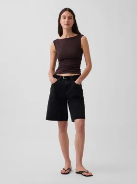 Top corto in jersey a maglia fitta con arricciature