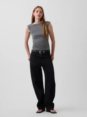 Top corto in jersey a maglia fitta con arricciature