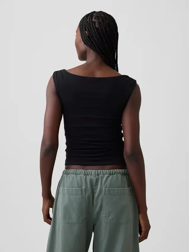 Top corto in jersey a maglia fitta con arricciature