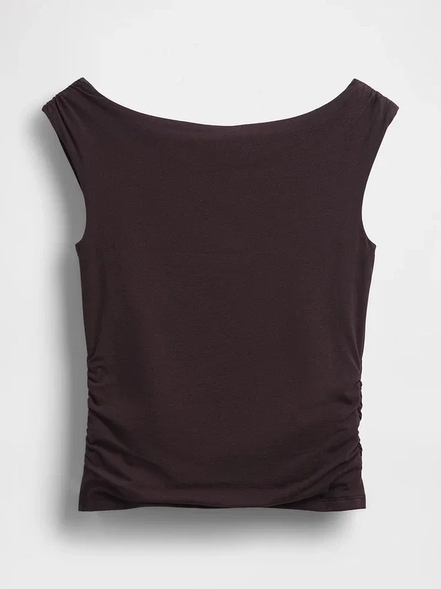 Top corto in jersey a maglia fitta con arricciature