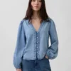 Top in denim con maniche a sbuffo