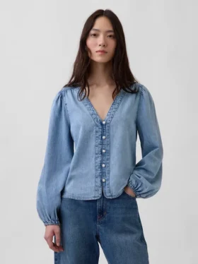 Top in denim con maniche a sbuffo