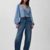 Top in denim con maniche a sbuffo