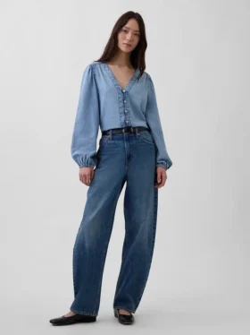 Top in denim con maniche a sbuffo