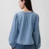 Top in denim con maniche a sbuffo