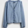 Top in denim con maniche a sbuffo