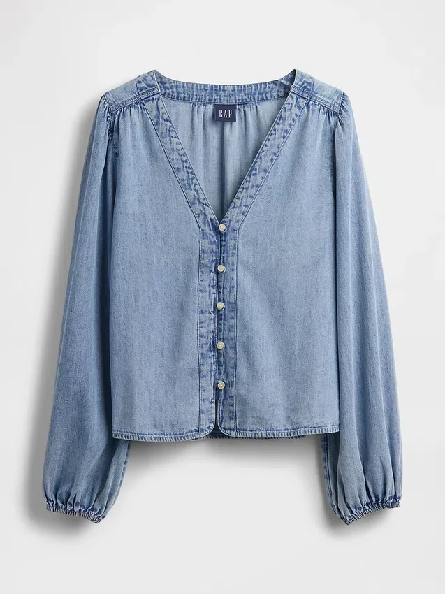 Top in denim con maniche a sbuffo