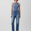 Top in denim morbidissimo con cuciture e scollo quadrato